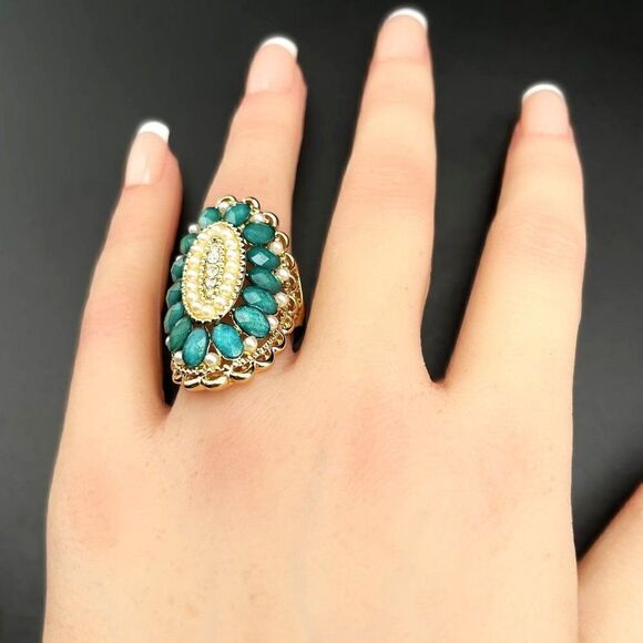 Yellow Gold with Diamond Crystal Pearl and Turquoise Gem Statement Ring Size 7 - Picture 6 of 8